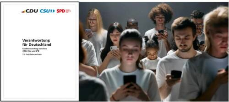 Im Koalitionsvertrag 2025 der Bundesregierung ist die Digital-Only-Gesellschaft für alle Lebensbereiche geplant, auch der digitale Umbau des Bildungswesens (Bild: Titelblatt Koalitionsvertrag und :pexels-cottonbro-8088493; bearbeiteter Ausschnitt).